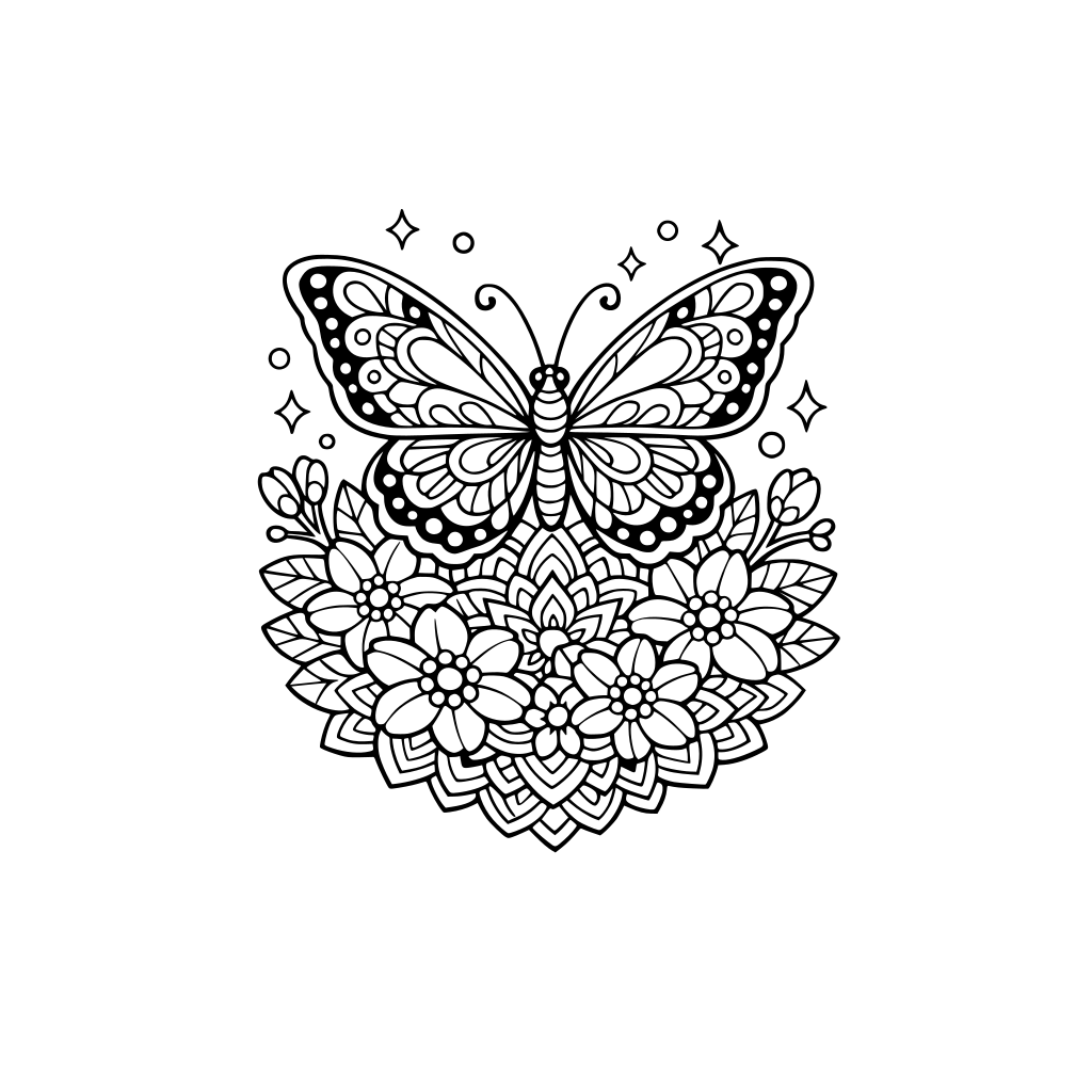 un fluture asezat pe niste flori de primavara stil mandala