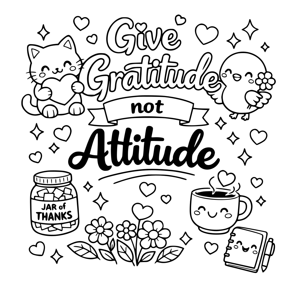 A sheet on gratitude that is cute and for adults. kawaii "Give Gratitude, not Attitude" on it that's colorable. for a 8.5 x 11 poster