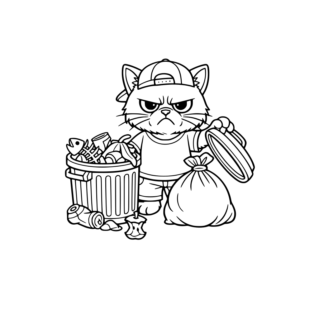 A grumpy cat taking out the trash