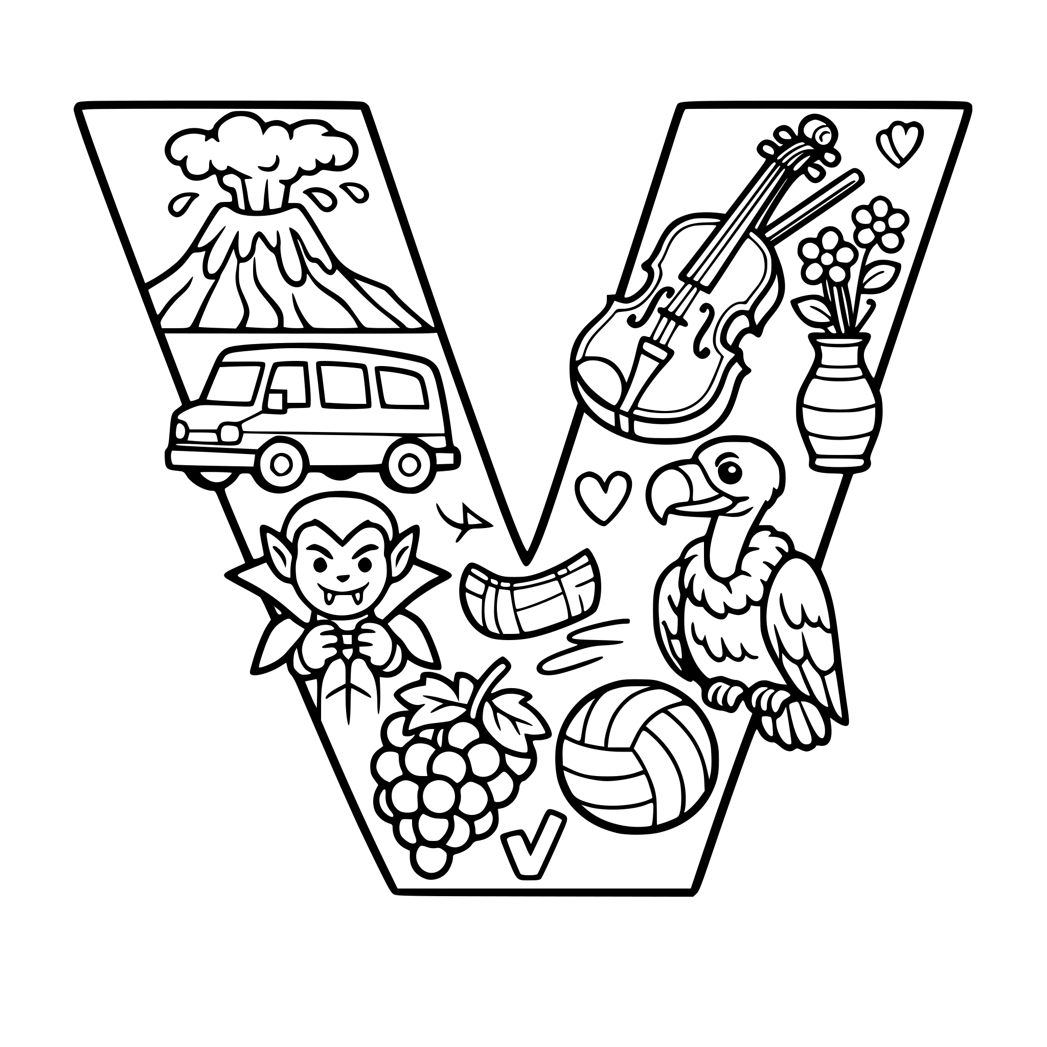 V coloring page with V words inside the V