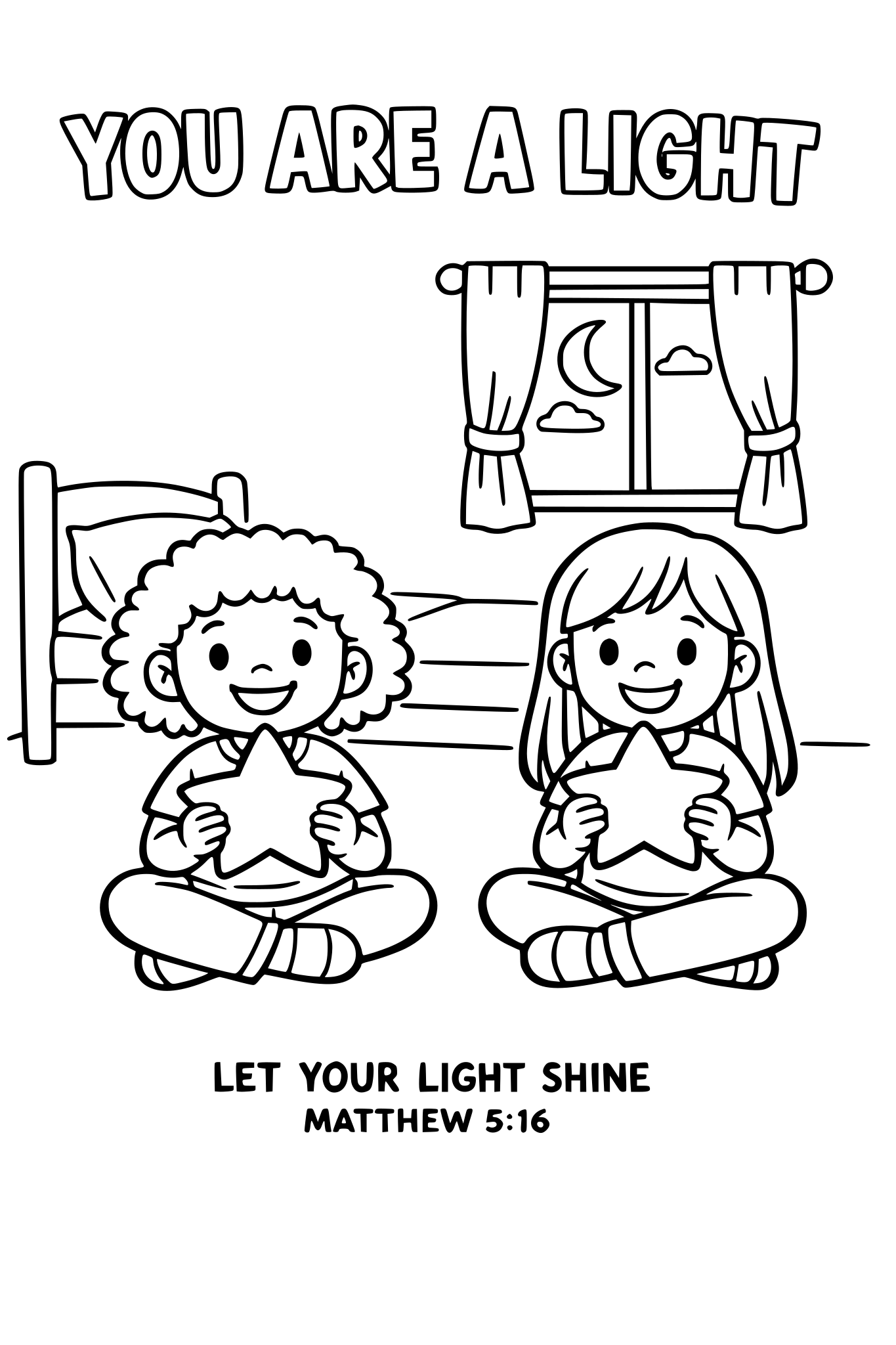 Black and white coloring page, simple kids line art, 2 child