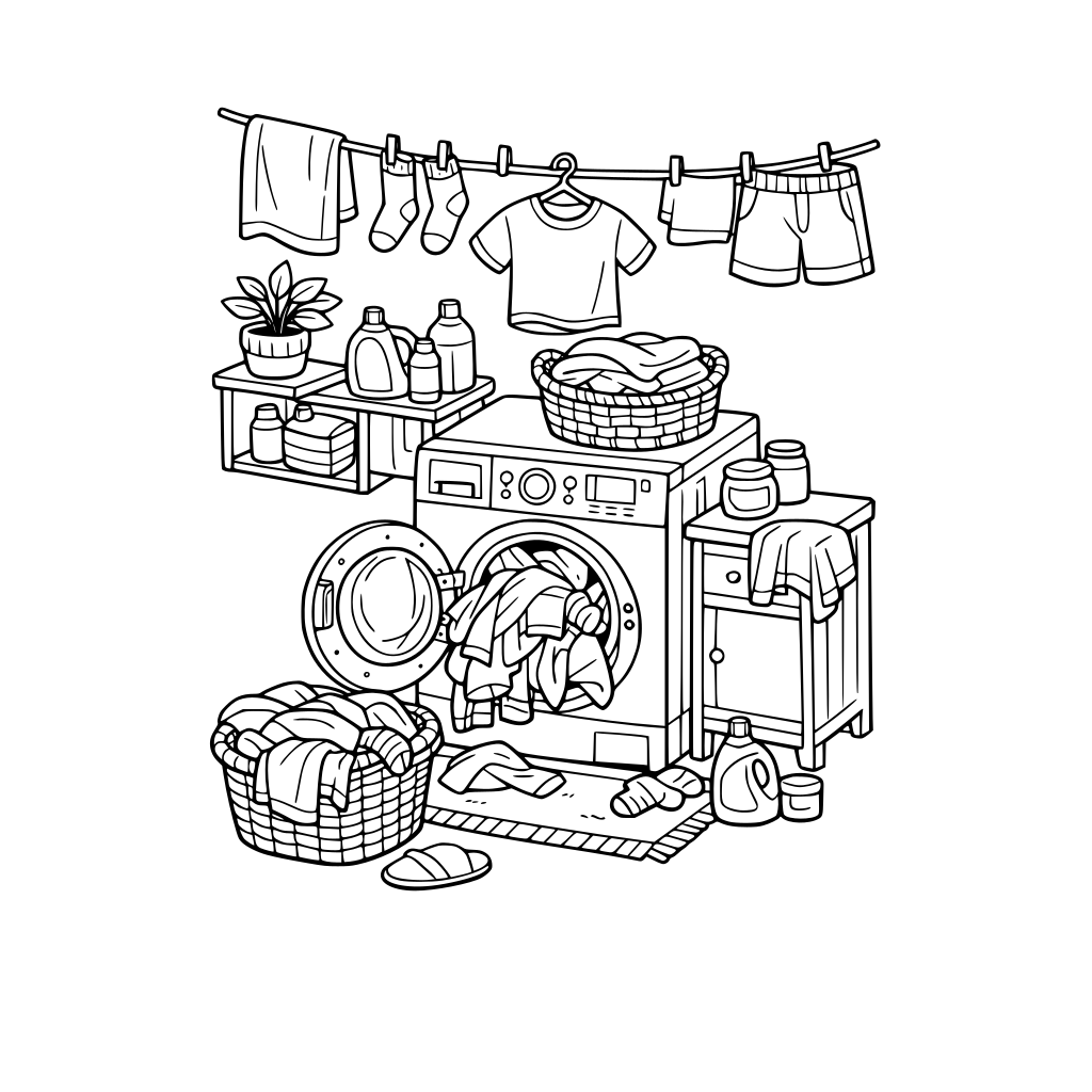 hygge style, cute and cozy, 3d isometric, laundry area, washing machine with clothes spilling out, laundry basket on floor with clothes piled, some clothes hanging up to dry, slightly neat and slightly messy area