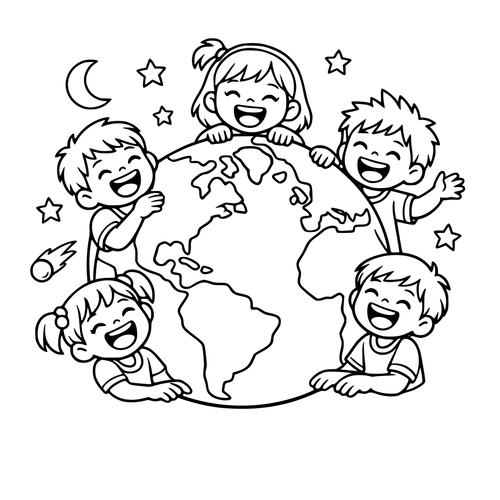 dzieci śmiejące się przy planecie ziemia