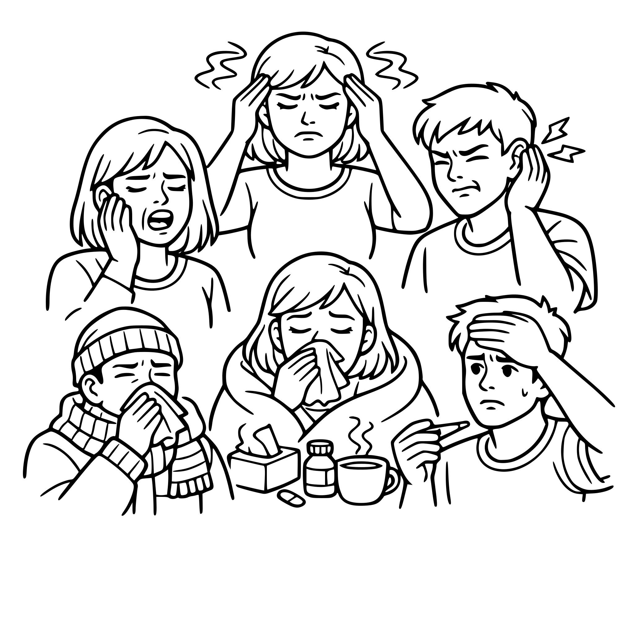 pessoas com problemas de saúde: dor de dente, dor de cabeça , dor de ouvido, gripe, febre