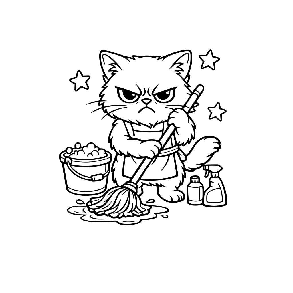 A grumpy cat mopping the floor