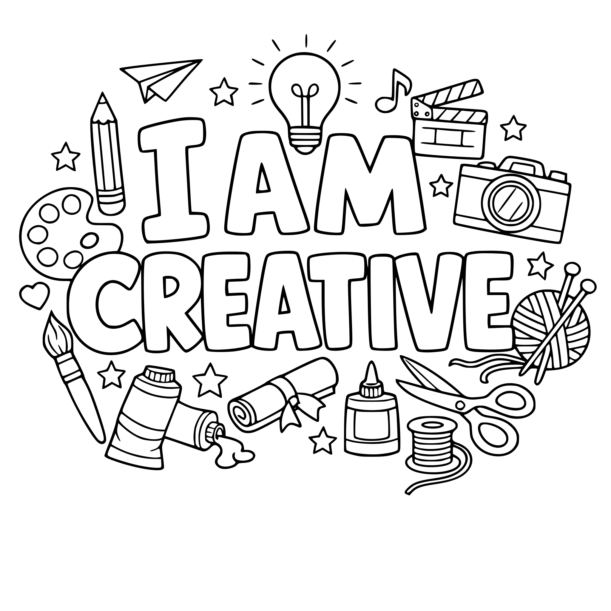 "I am creative" coloring letters with items around the letters that work with the lettering.