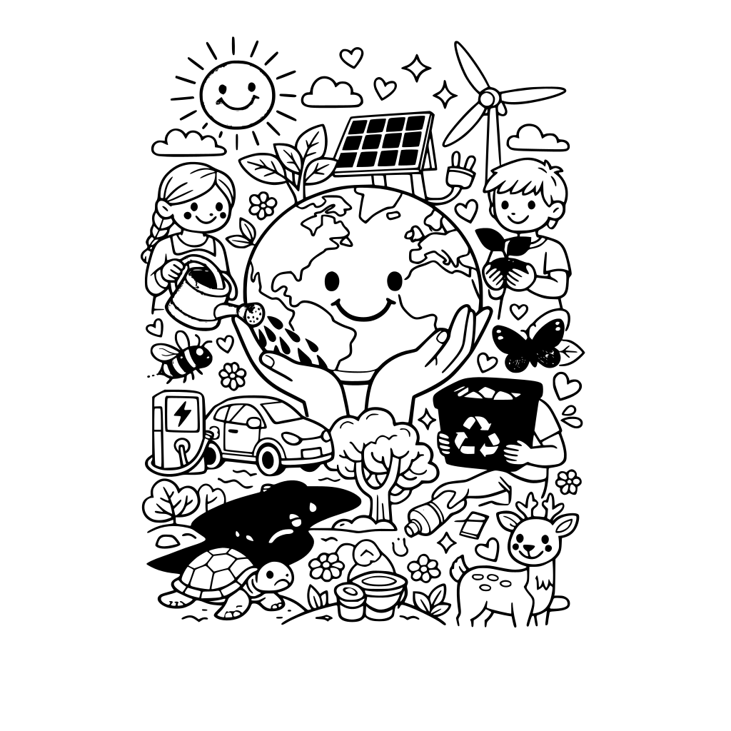 maak een kleurplaat voor volwassenen. maak een kleurplaat over de natuur en zorgen voor de natuur en milieu. Het is een hippe kleurplaat. Zorg dat er sommige delen al ingekleurd zijn.