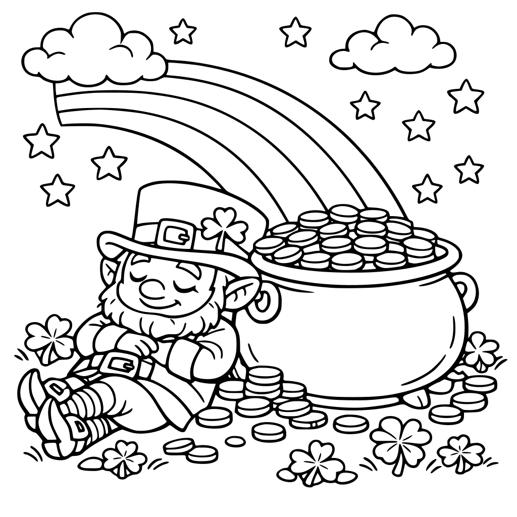 Portrait oriented coloring book page that is black and white with a cute friendly leprechaun. He is taking a nap next to a pot of gold coins that is at the end of a rainbow. Fill the whole page with great detail. Simple art bold and easy cartoon style.
