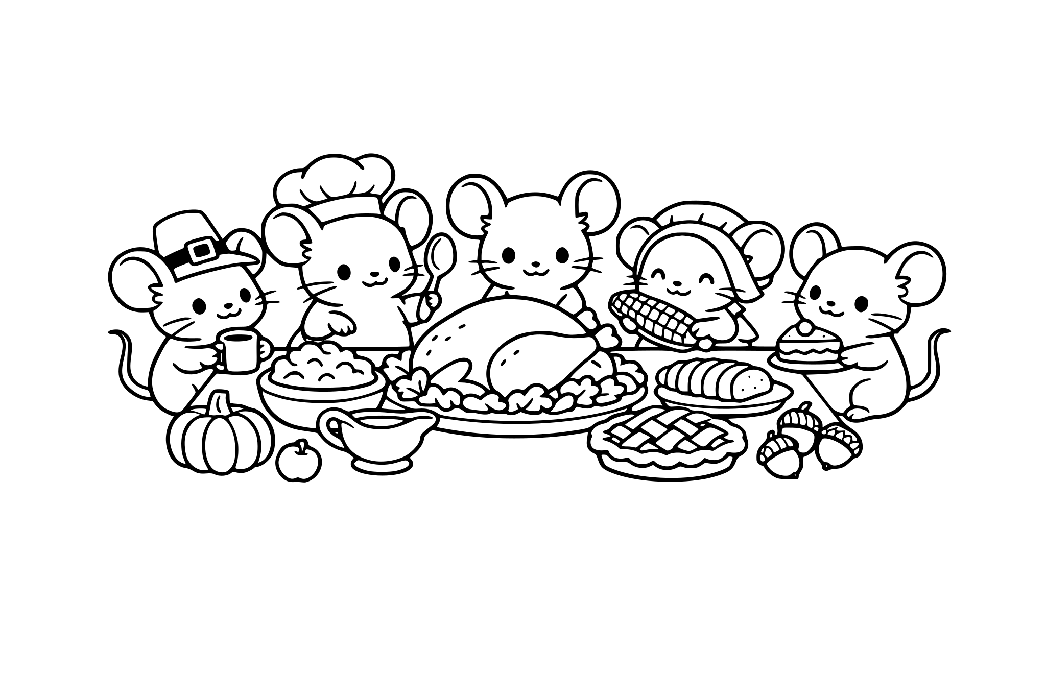 Tiny mice having a Thanksgiving feast, minimalistic line.