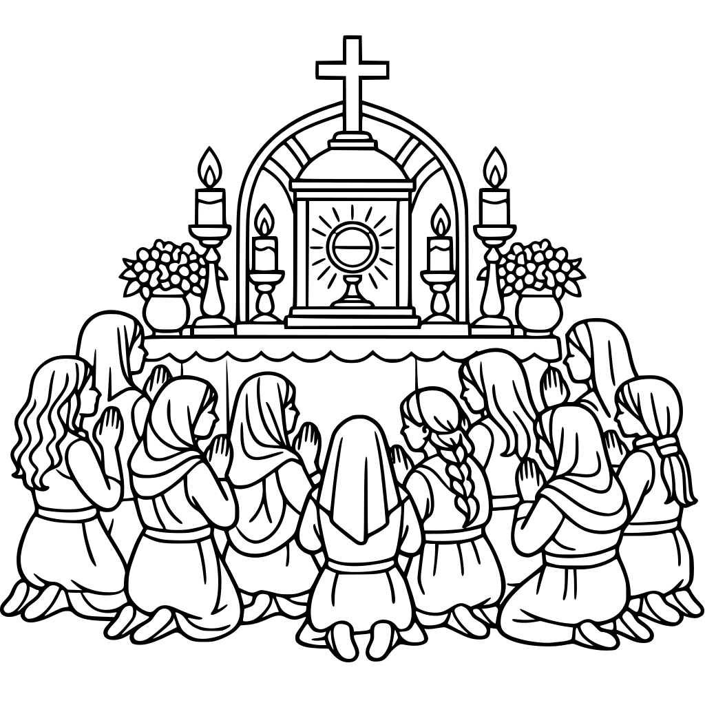 10 mujeres orando frente a un altar santo