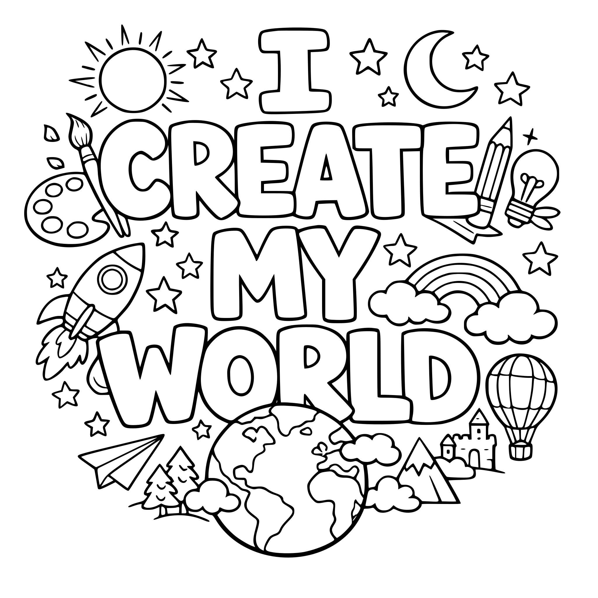 "I create my world" coloring letters with items around the letters that work with the lettering.