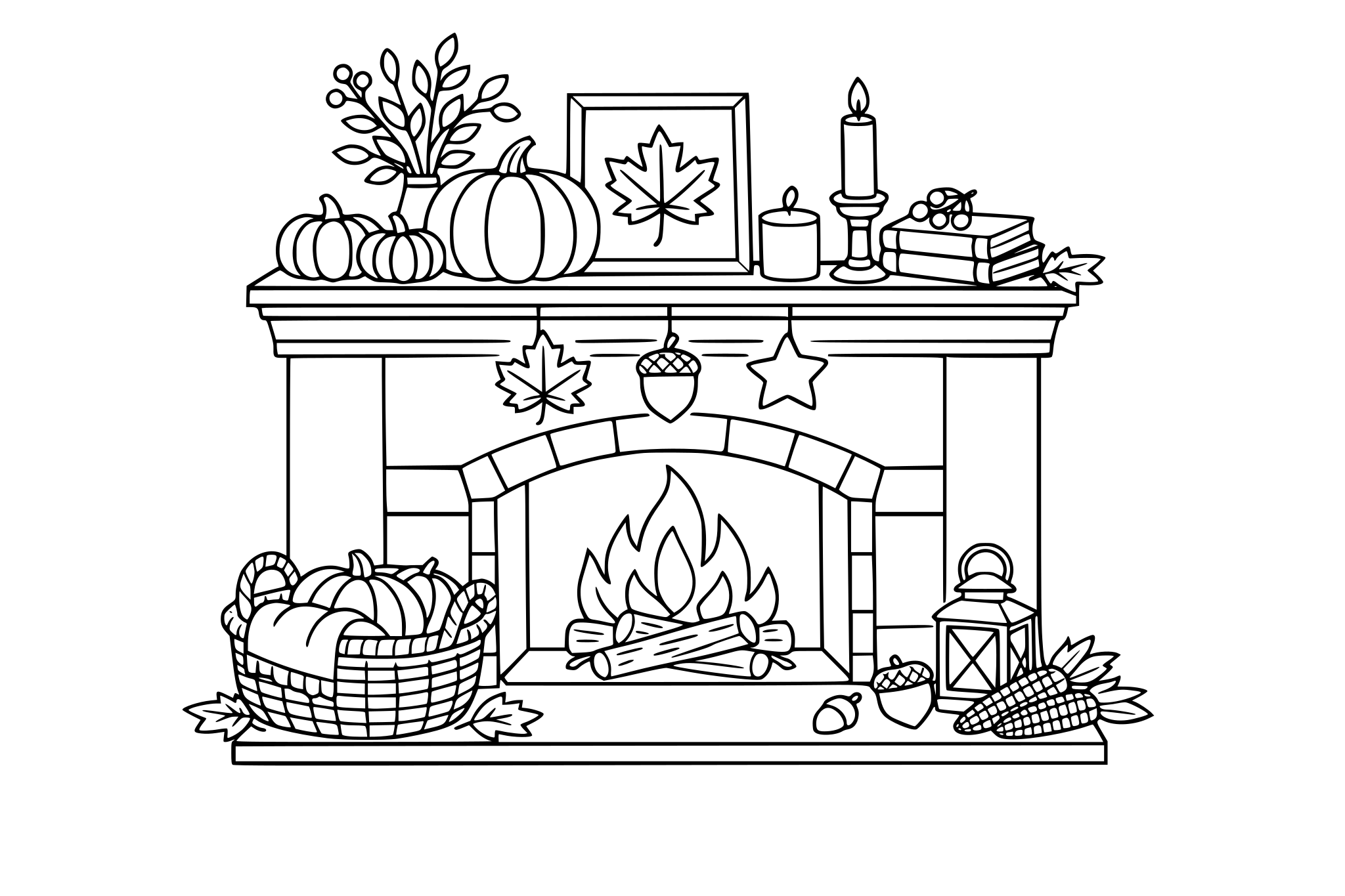 Fireplace with fall décor, minimalistic line.