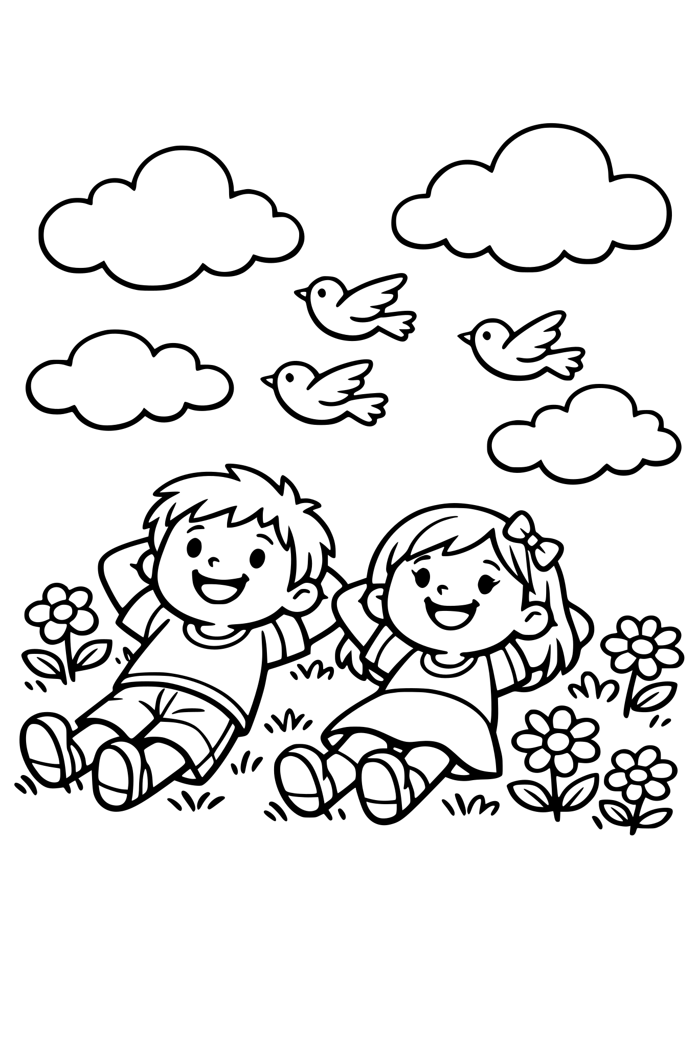 cute kids coloring page, happy boy and girl lying on the grass looking up at fluffy clouds in the sky, birds flying above, flowers around them, simple shapes, thick outlines, kids coloring book illustration