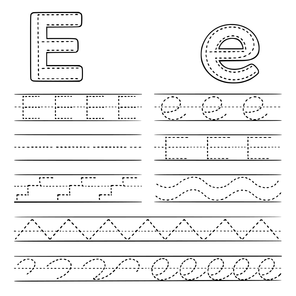 zró całą listę ćwiczeń do litery E duże i e małe różne ślaczki wykropkowane dzięki którym nauczymu pisać się literkę E i e