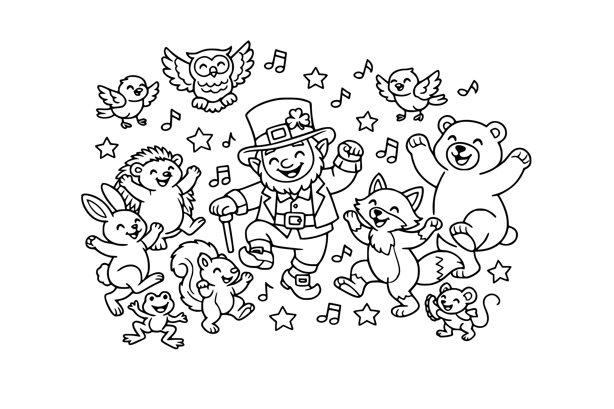 Leprechaun and woodland animals in the forest having a dance party