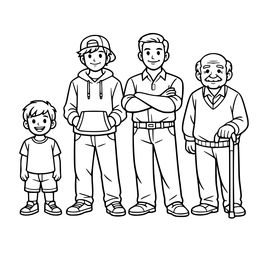 Uma imagem que tenha uma criança, um adolescente, um adulto e um velhinho, por esta ordem