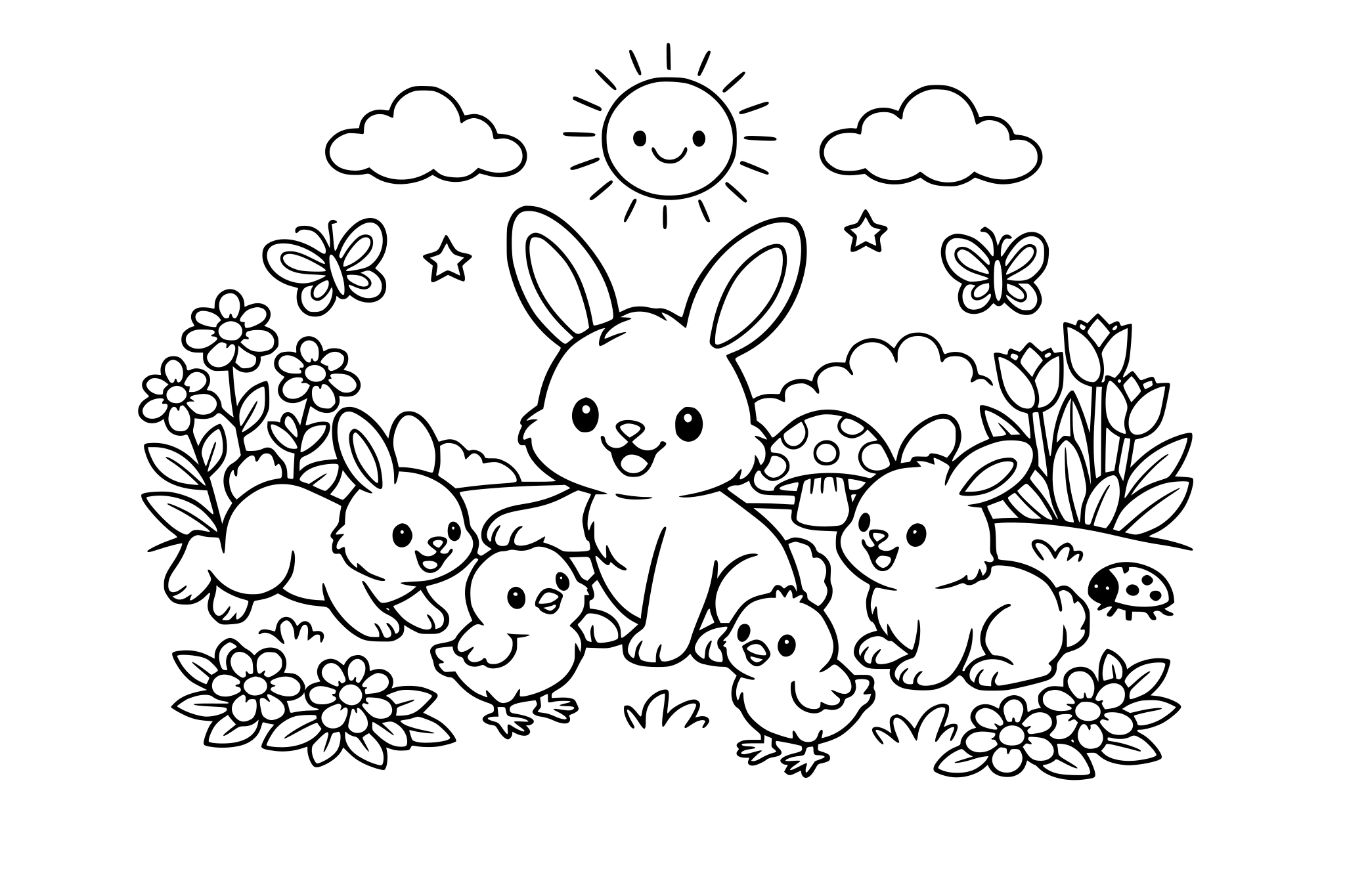 A bunny in a beautiful garden is playing with its bunny and chick friends.