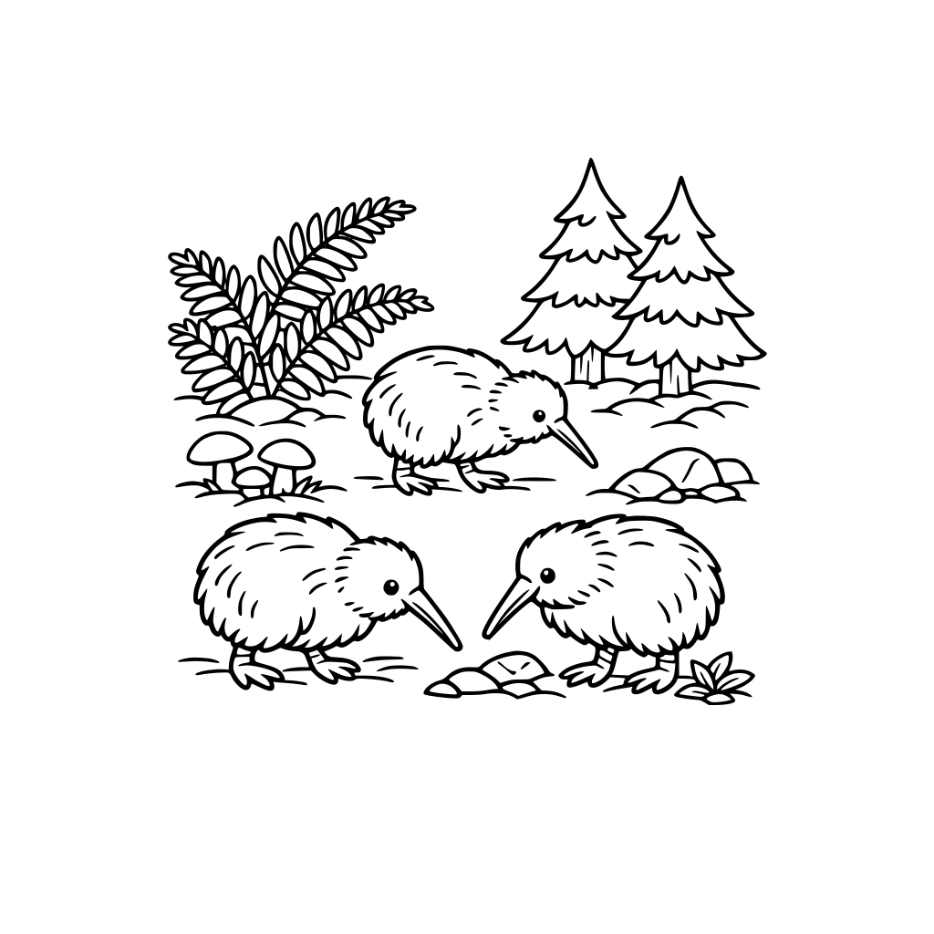 Kiwi birds walking around on a New Zealand forest floor