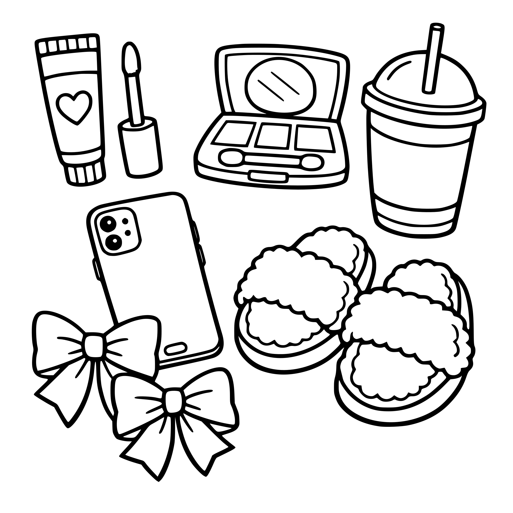 create a kids coloring book with bold, easy simple designs for teen girls such as lipgloss, makeup, iphone, bows, tumbler cups, slippers