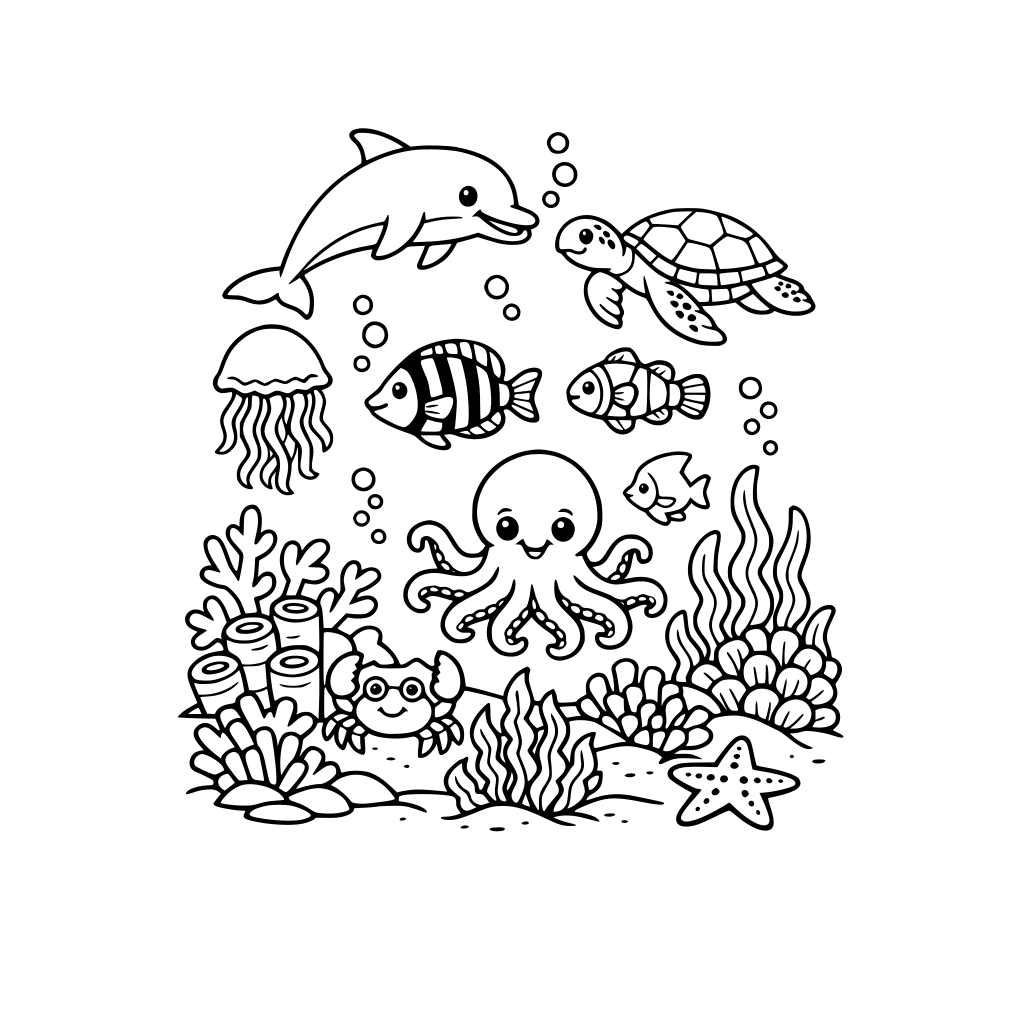 under water ocean scene with sea creatures, coral reefs and seaweed.