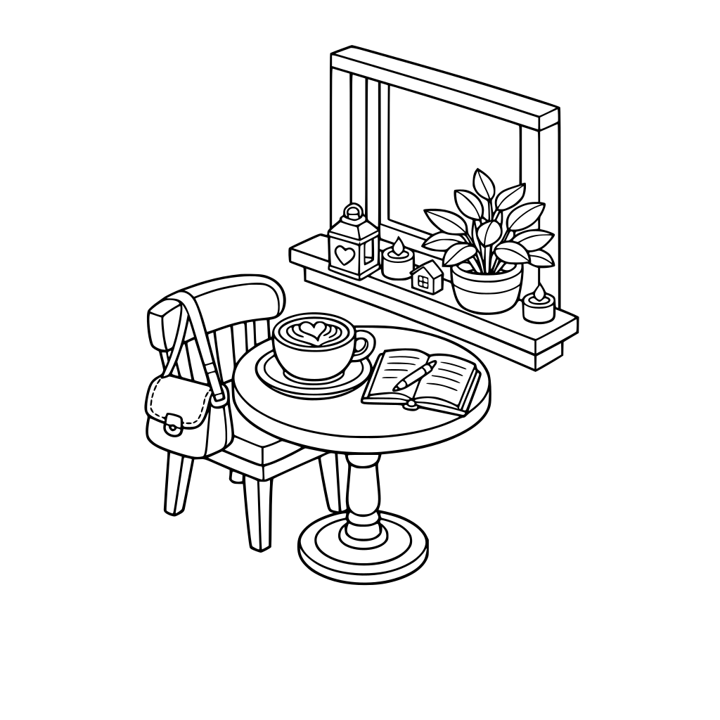 hygge style, cute and cozy, 3d isometric, café corner with small round table by window, latte with foam art, open notebook, handbag hanging on chair, potted plant on sill.