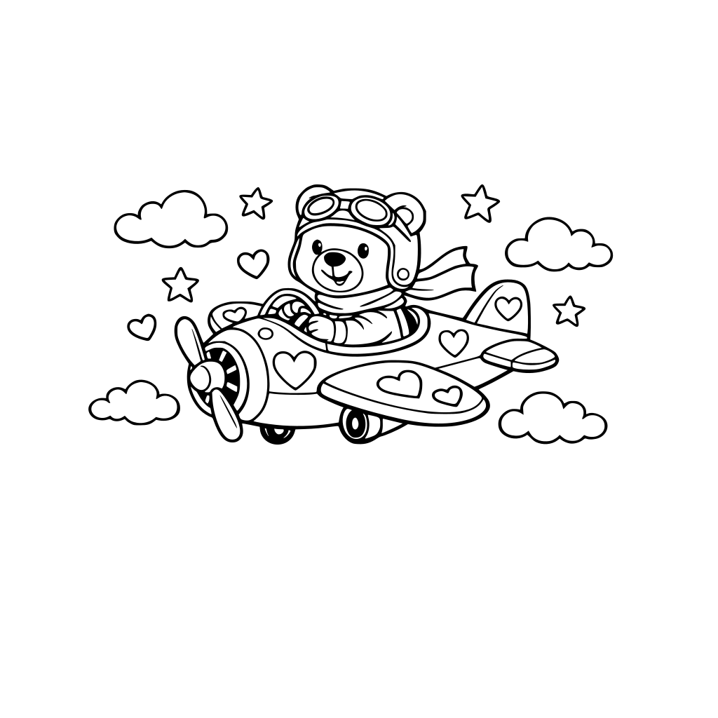 A bear pilot in a heart-decorated plane.