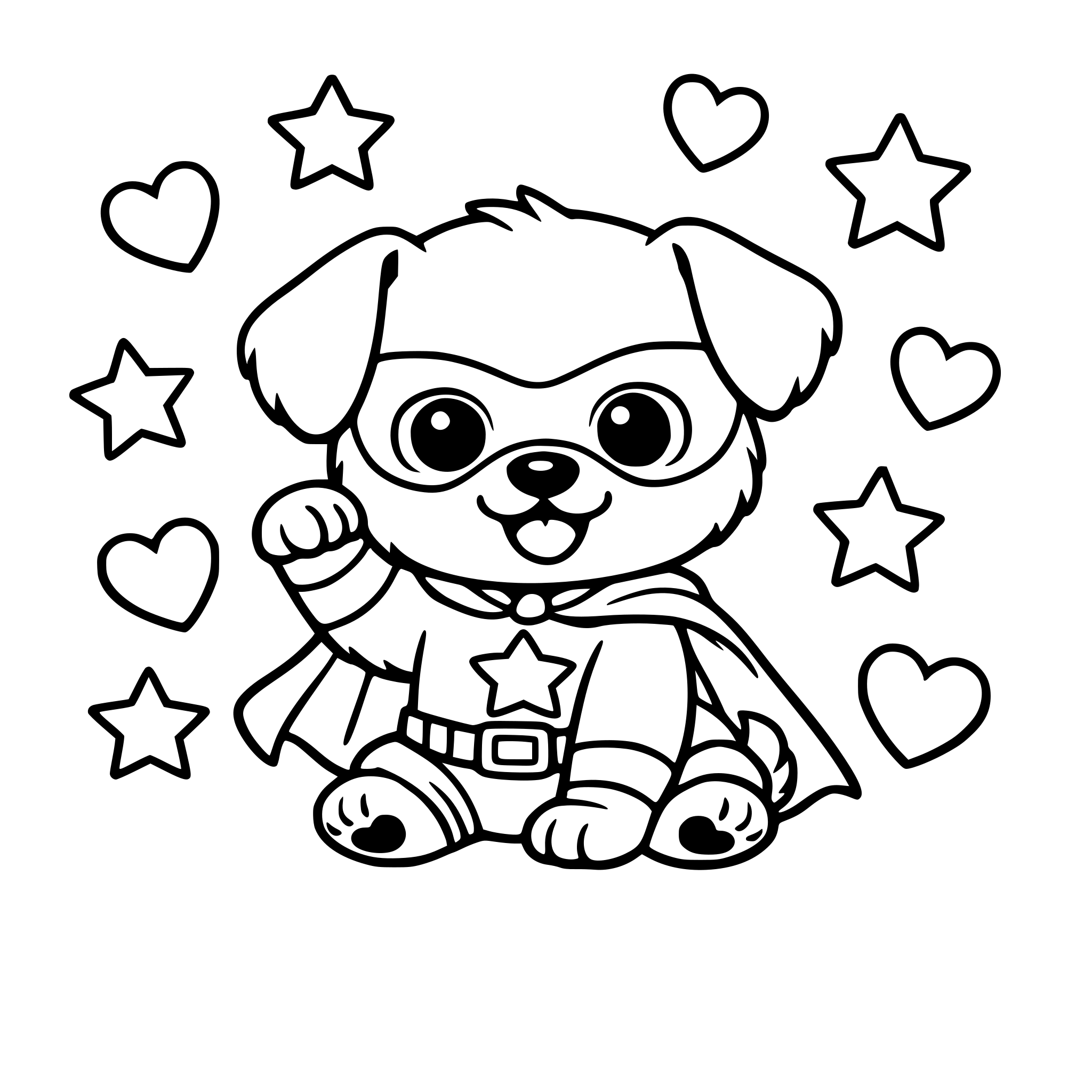 ลูกสุนัขคาวาอี้ในชุดซูเปอร์ฮีโร่ รายล้อมด้วยดาวและหัวใจ