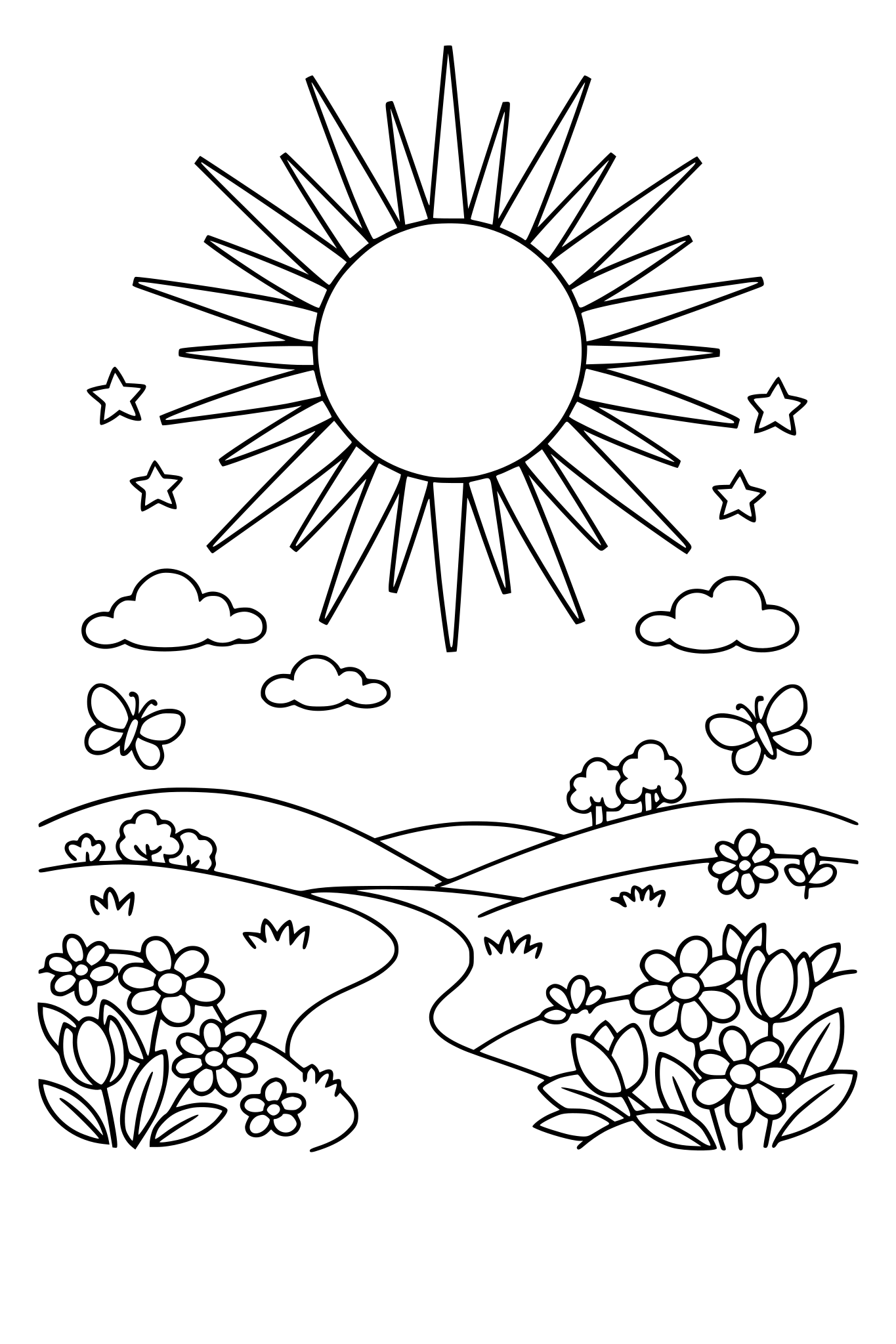 Sun with spreading beams over a spring scene
