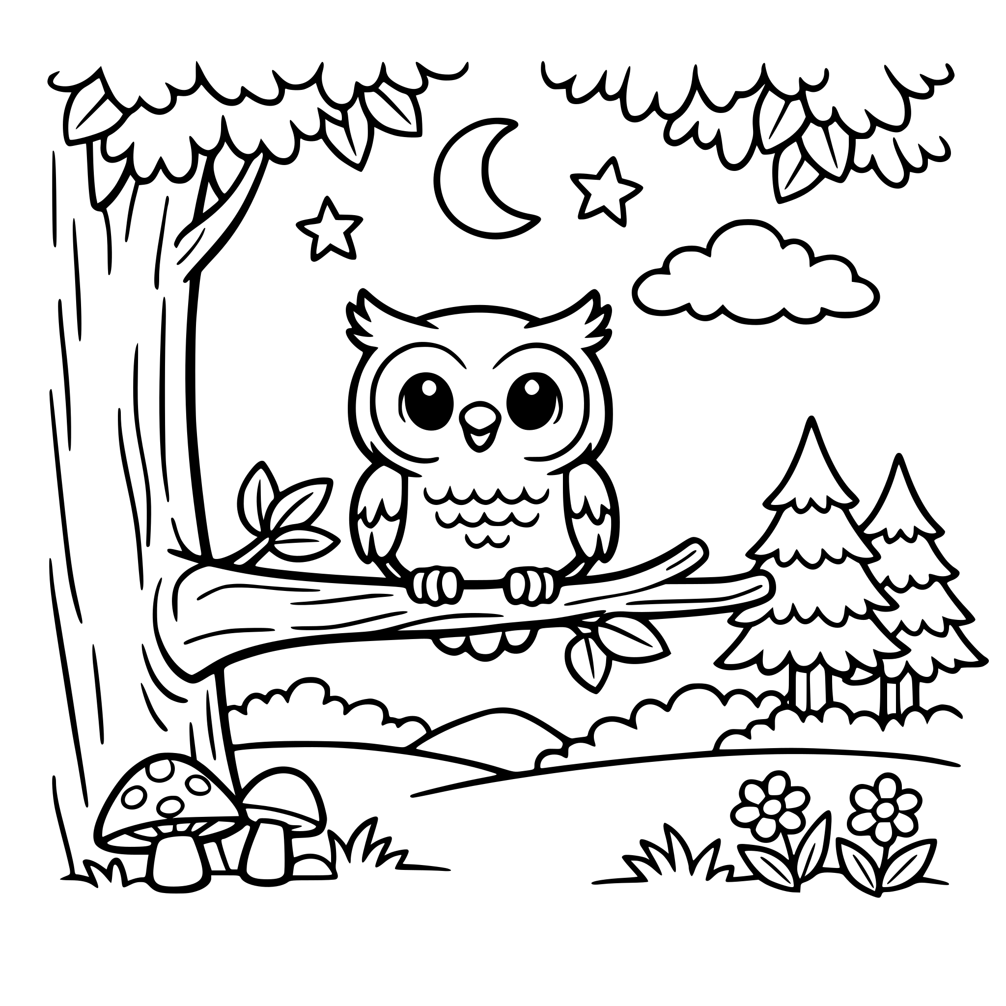 dibuja un bosque en el que hay un búho simpatico n la rama de un arbol