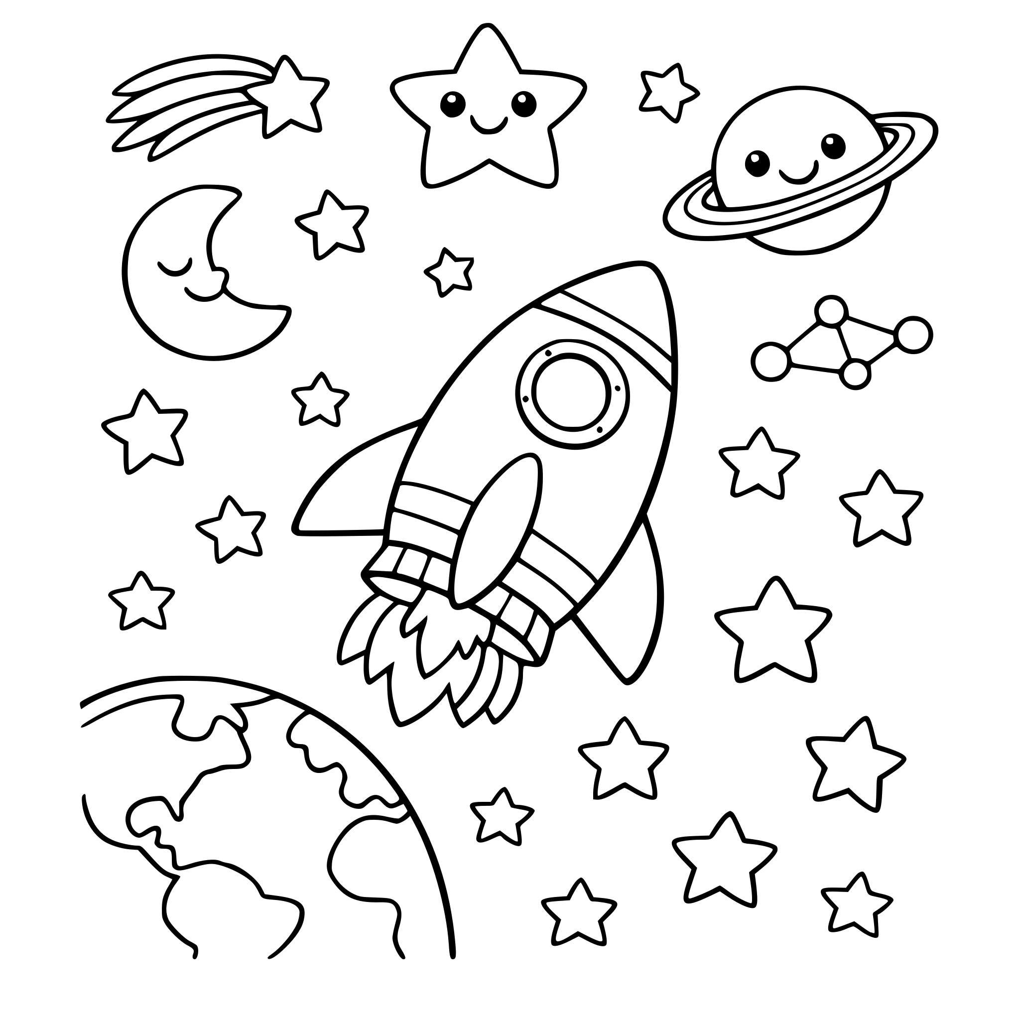 una escena en formato a4 vertical infantil de un cohete espacial con estrellas, que se vea la Tierra en alguna parte, y otras estrellas y o figuras estelares.