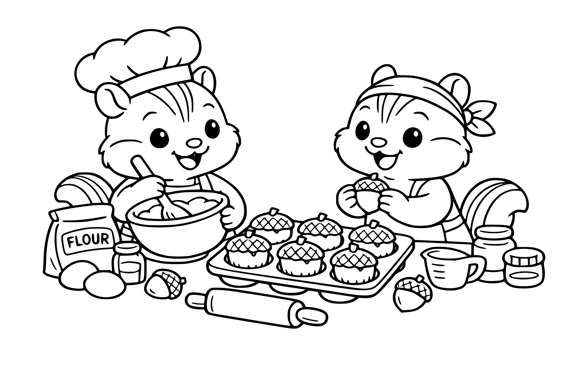 Chipmunks baking acorn muffins. Keep rounded shapes + minimal line weight variation.