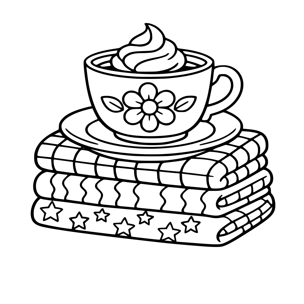 A cup of tee with a bit of whipped cream on top with a flower on the cup sitting on a plate. that plate + cup is on top of 3 blankets, they all have different patterns.