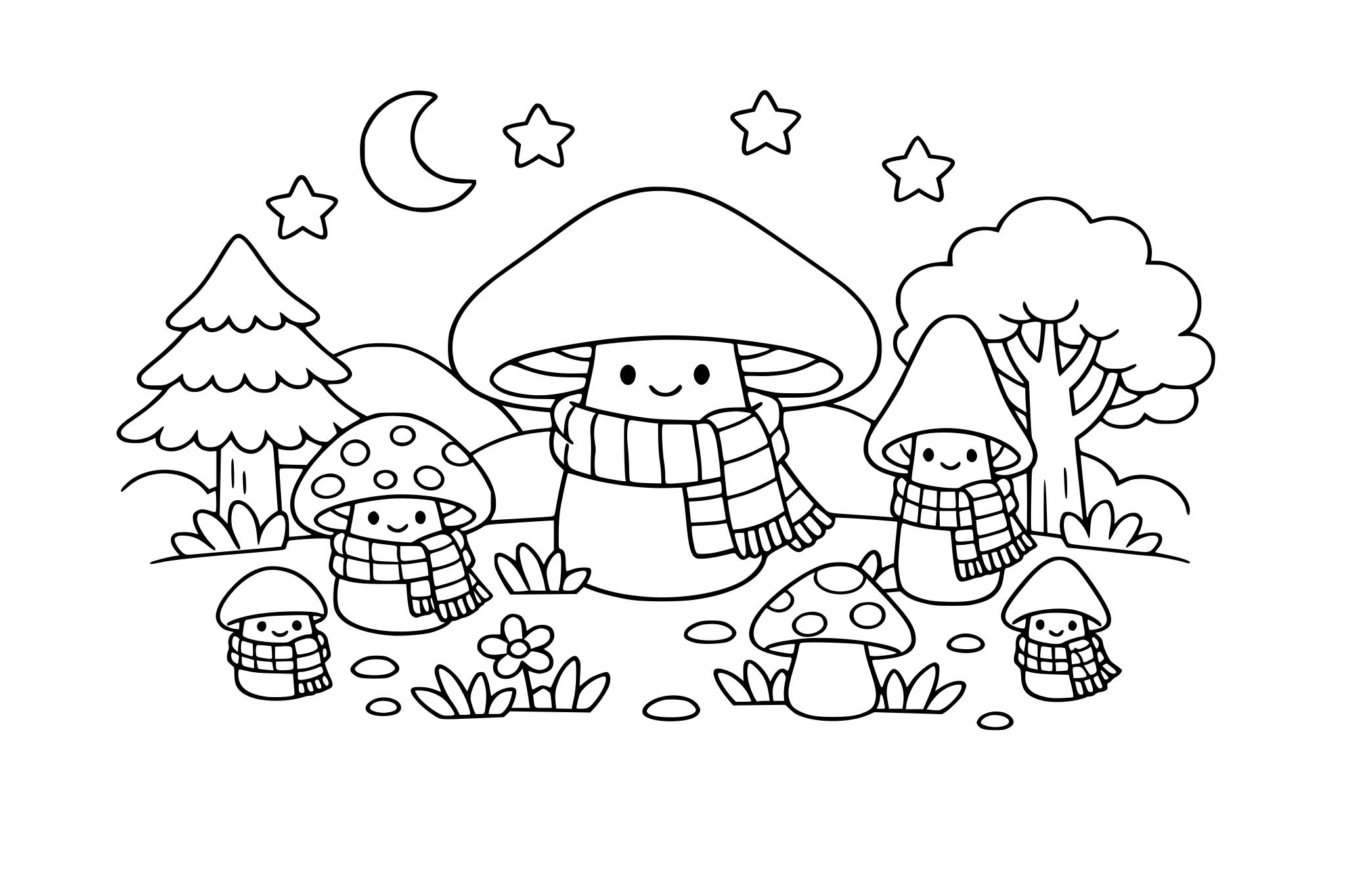 A forest where mushrooms wear scarves. Keep rounded shapes + minimal line weight variation.