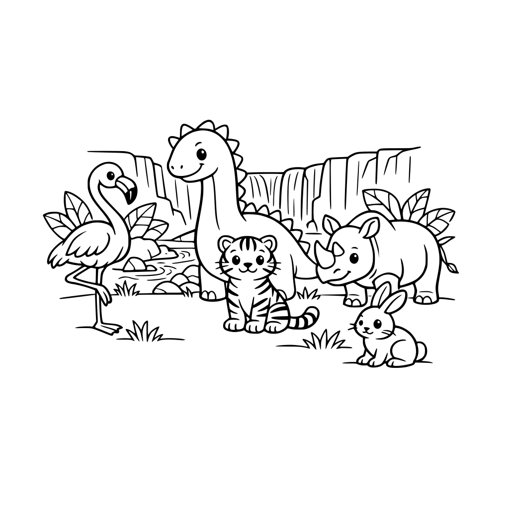 flamingo, dinosaur, tiger, rhino, rabbit, grassy opening in rain forrest with waterfall