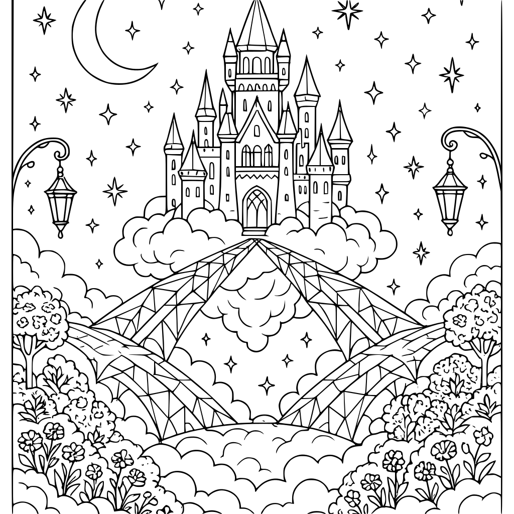 A magnificent floating castle above the clouds connected by elegant crystal brid