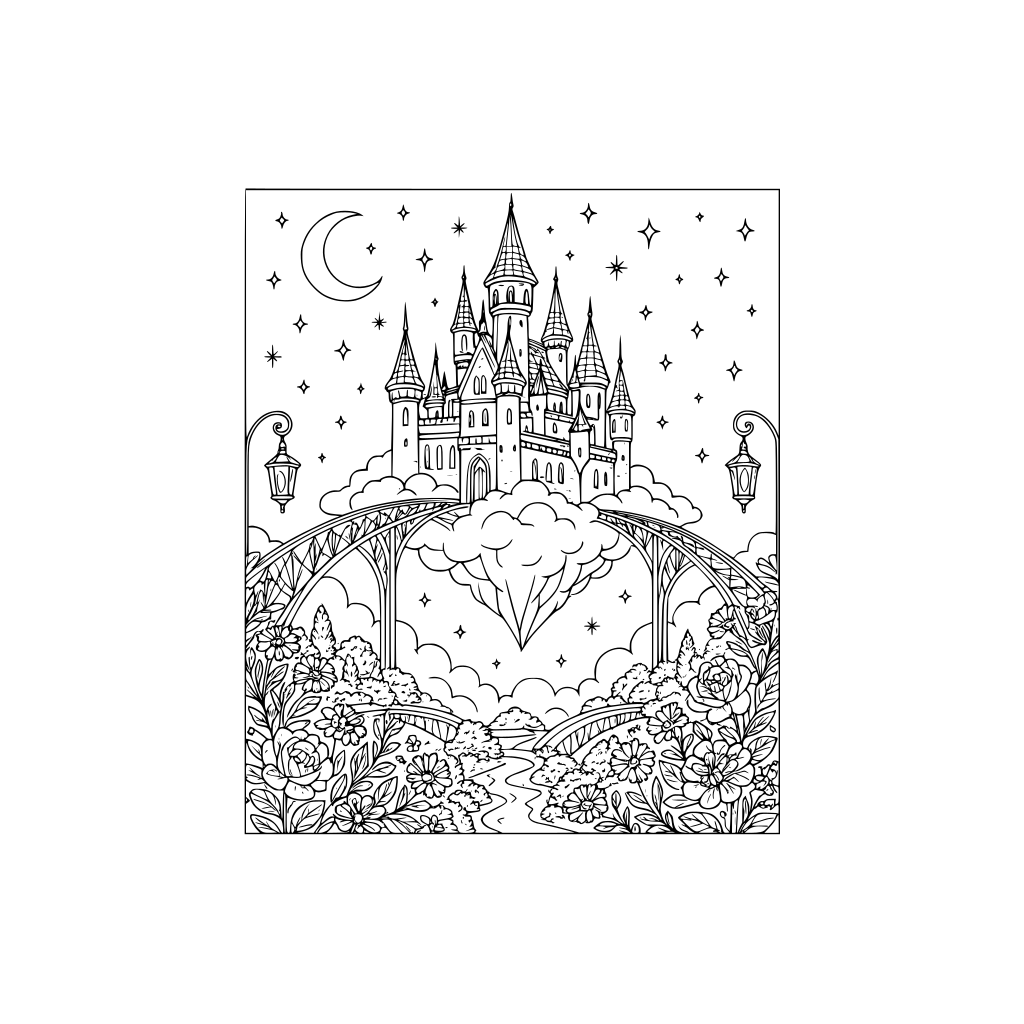 A magnificent floating castle above the clouds connected by elegant crystal brid