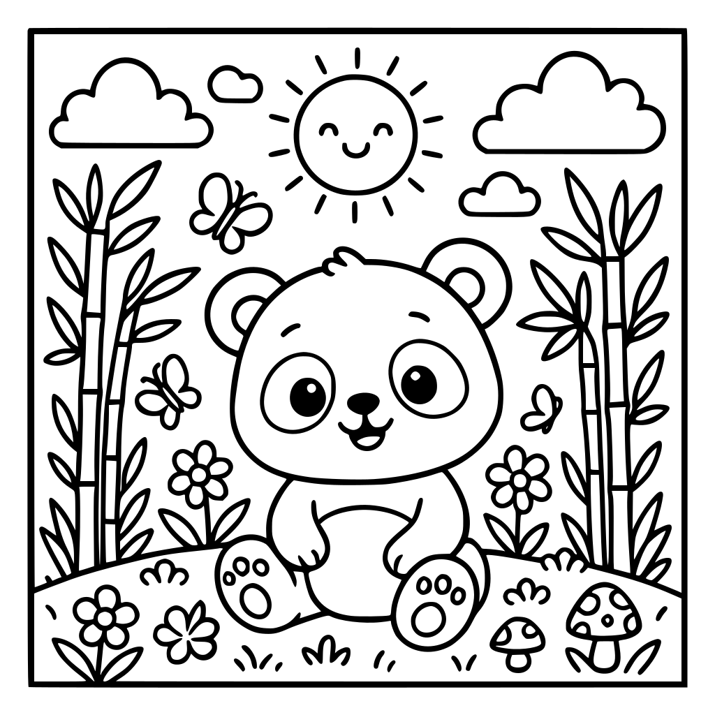 Cute children's coloring book illustration of a happy baby panda sitting in a pe