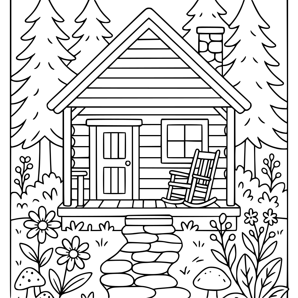 A cozy woodland cabin surrounded by tall pine trees and wildflowers, a small woo