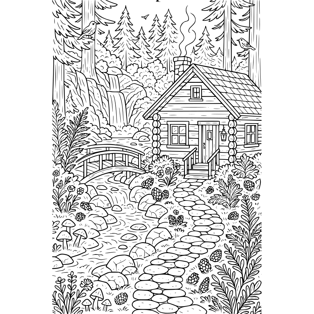 A cozy log cabin beside a hidden forest waterfall, with a wooden footbridge cros