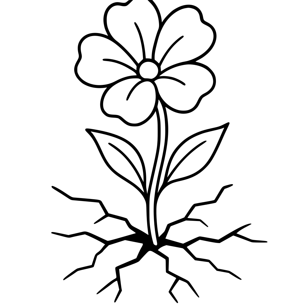 flower growing through cracked ground, minimalist black and white coloring page,