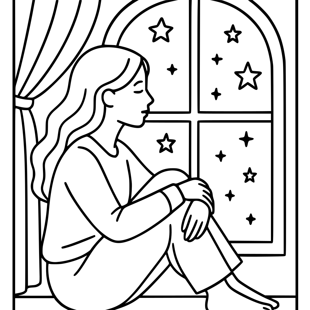 “woman sitting by a window with stars, simple thick outline coloring page”