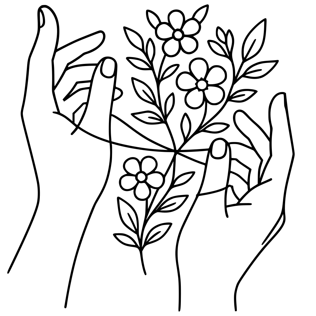 two hands connected by string and flowers, minimalist black and white coloring p
