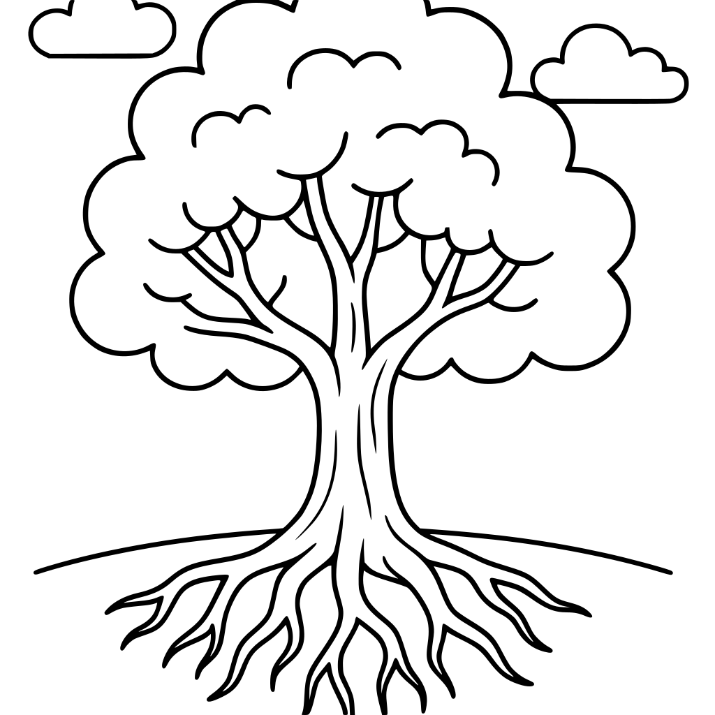 strong tree with deep roots and soft clouds, minimalist black and white coloring
