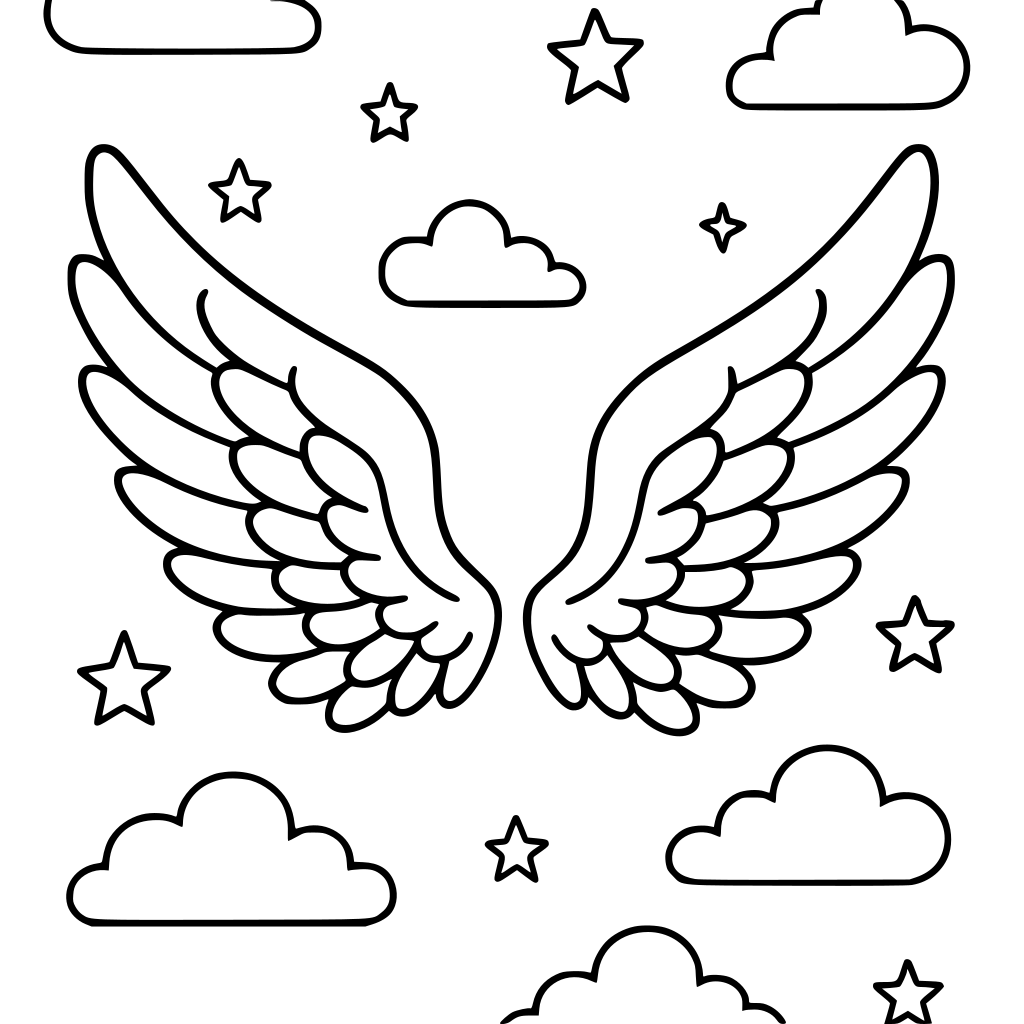 angel wings floating with stars and clouds, minimalist black and white coloring