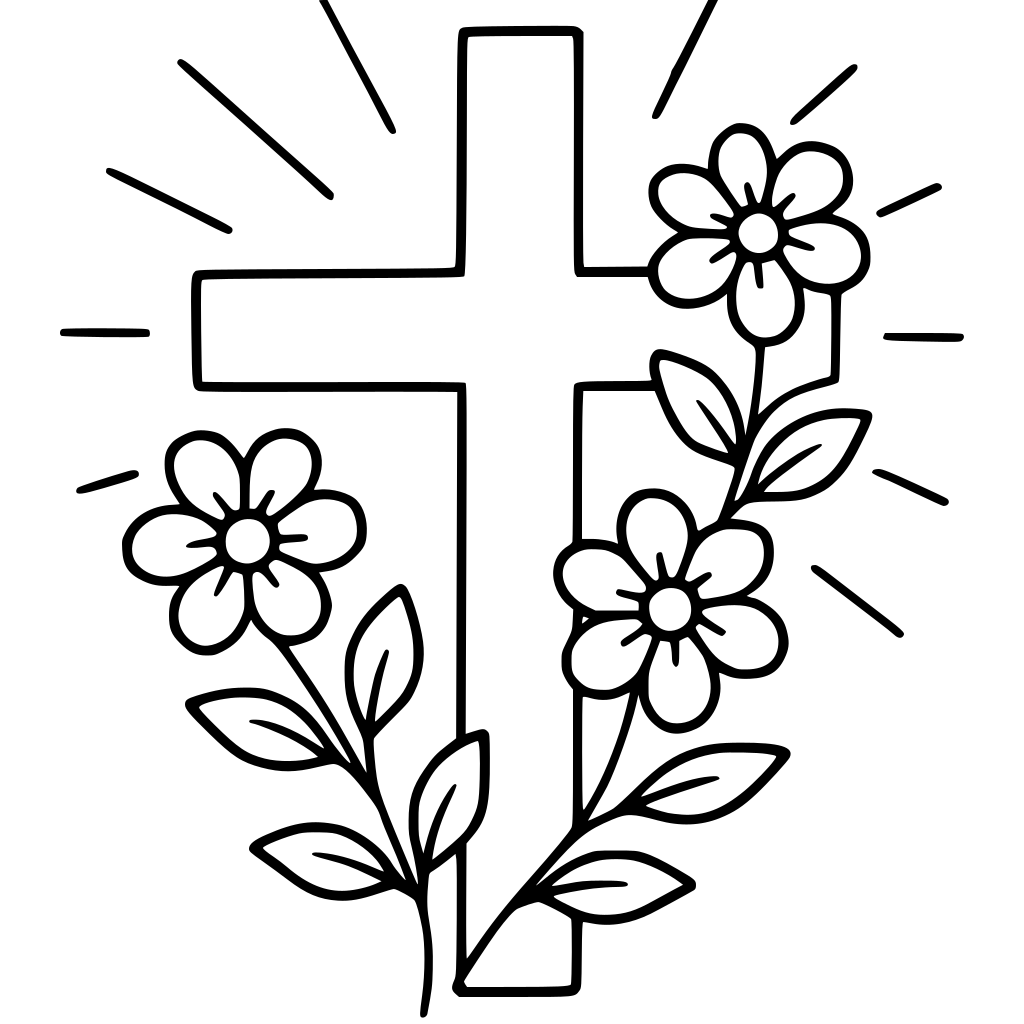 simple cross with flowers and light rays, minimalist black and white coloring pa