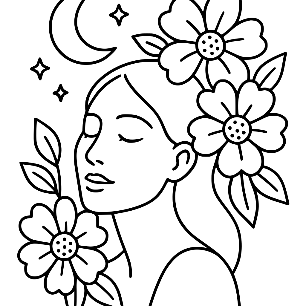 minimal black and white coloring page with thick outlines, simple emotional femi