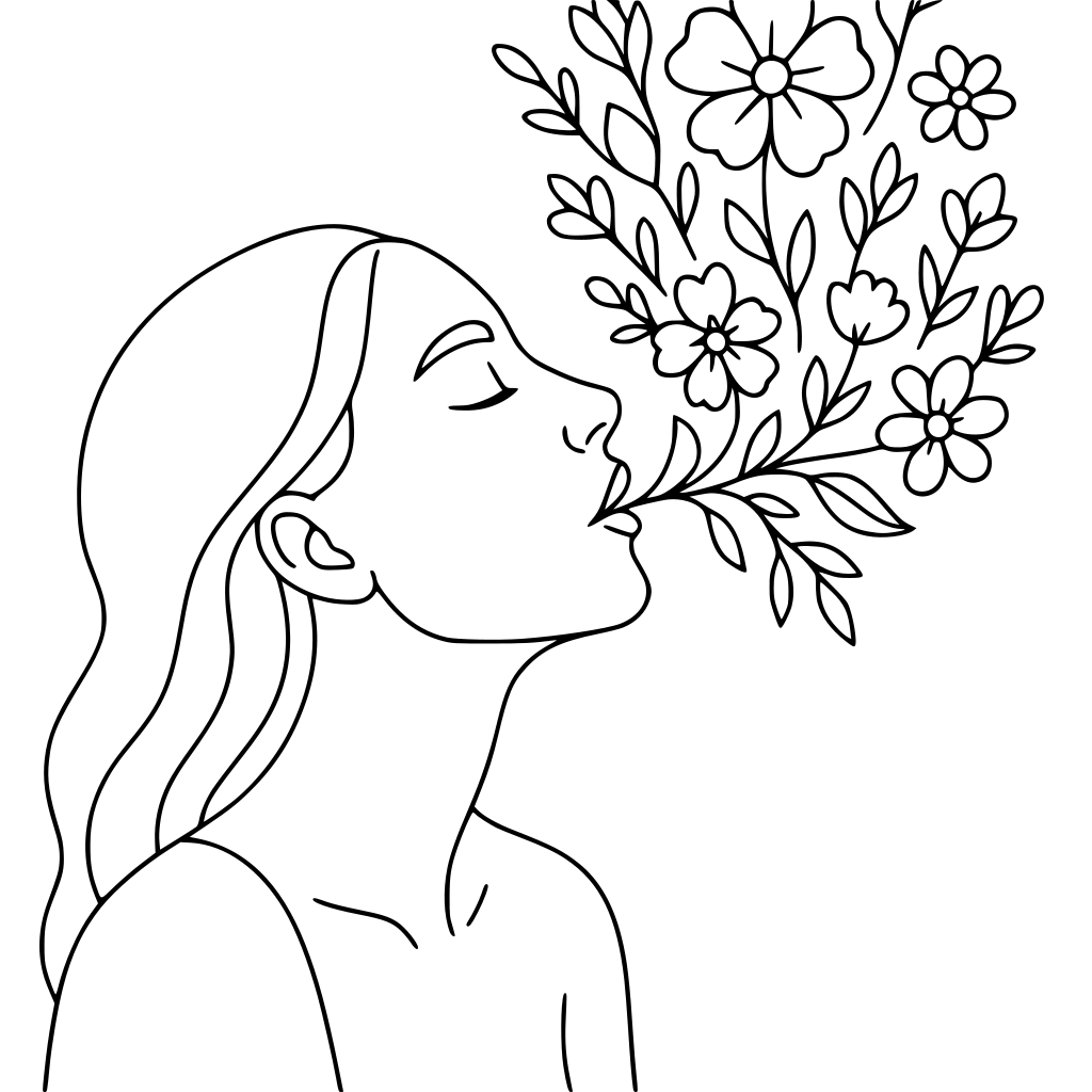 woman exhaling smoke turning into flowers, minimalist black and white coloring p