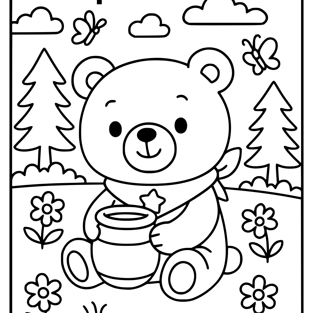 Create a printable children's coloring book page featuring Miś Babu, a cute, sma