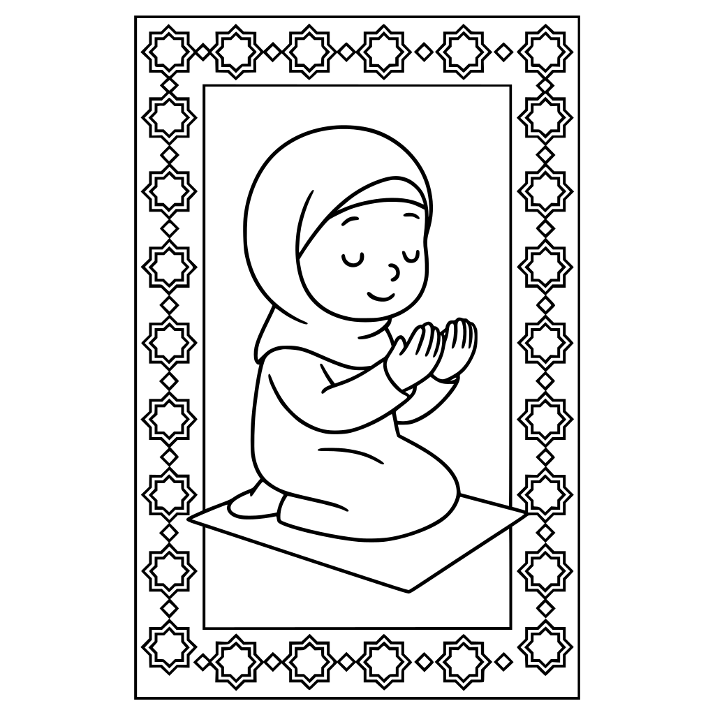 Create a professional black-and-white Islamic coloring book page for children ag