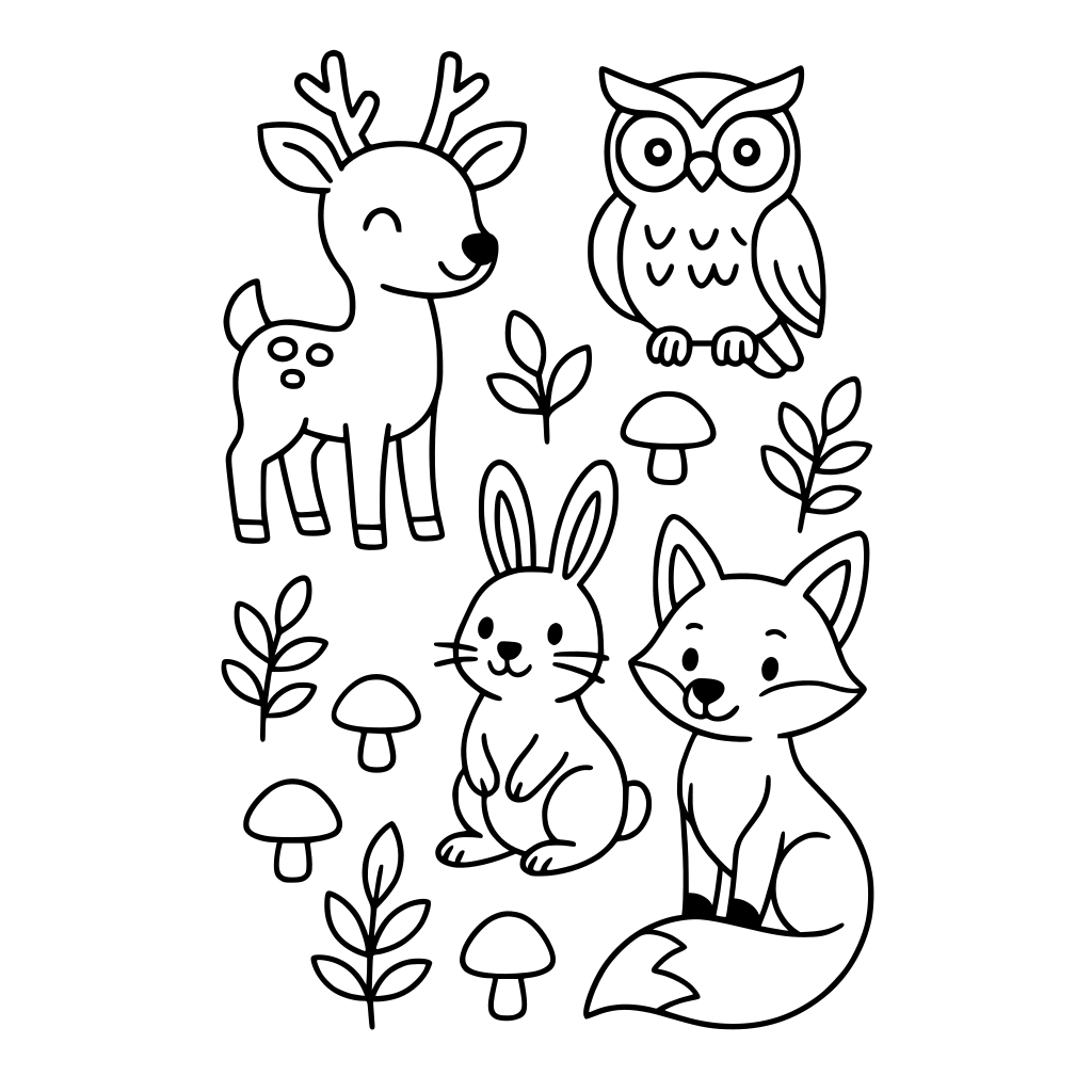 Create a children's coloring book page. Theme: Cute forest animals. Style: • Bla